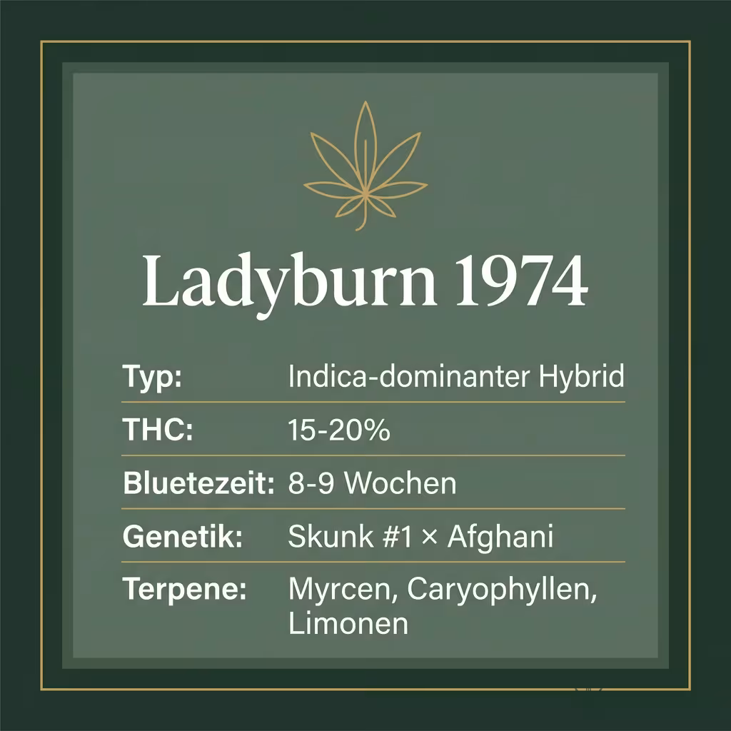 Infografik mit Ladyburn 1974 Key Facts: Typ Indica-dominanter Hybrid, THC 15-20%, Bluetezeit 8-9 Wochen, Genetik Skunk #1 × Afghani und Terpene Myrcen, Caryophyllen, Limonen