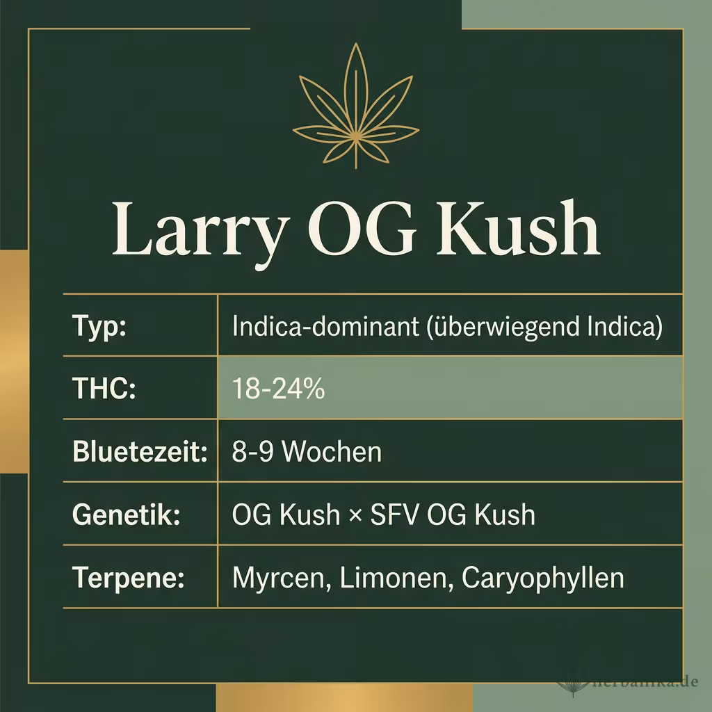 Infografik mit Larry OG Kush Key Facts: Typ Indica-dominant (überwiegend Indica), THC 18-24%, Bluetezeit 8-9 Wochen, Genetik OG Kush × SFV OG Kush und Terpene Myrcen, Limonen, Caryophyllen