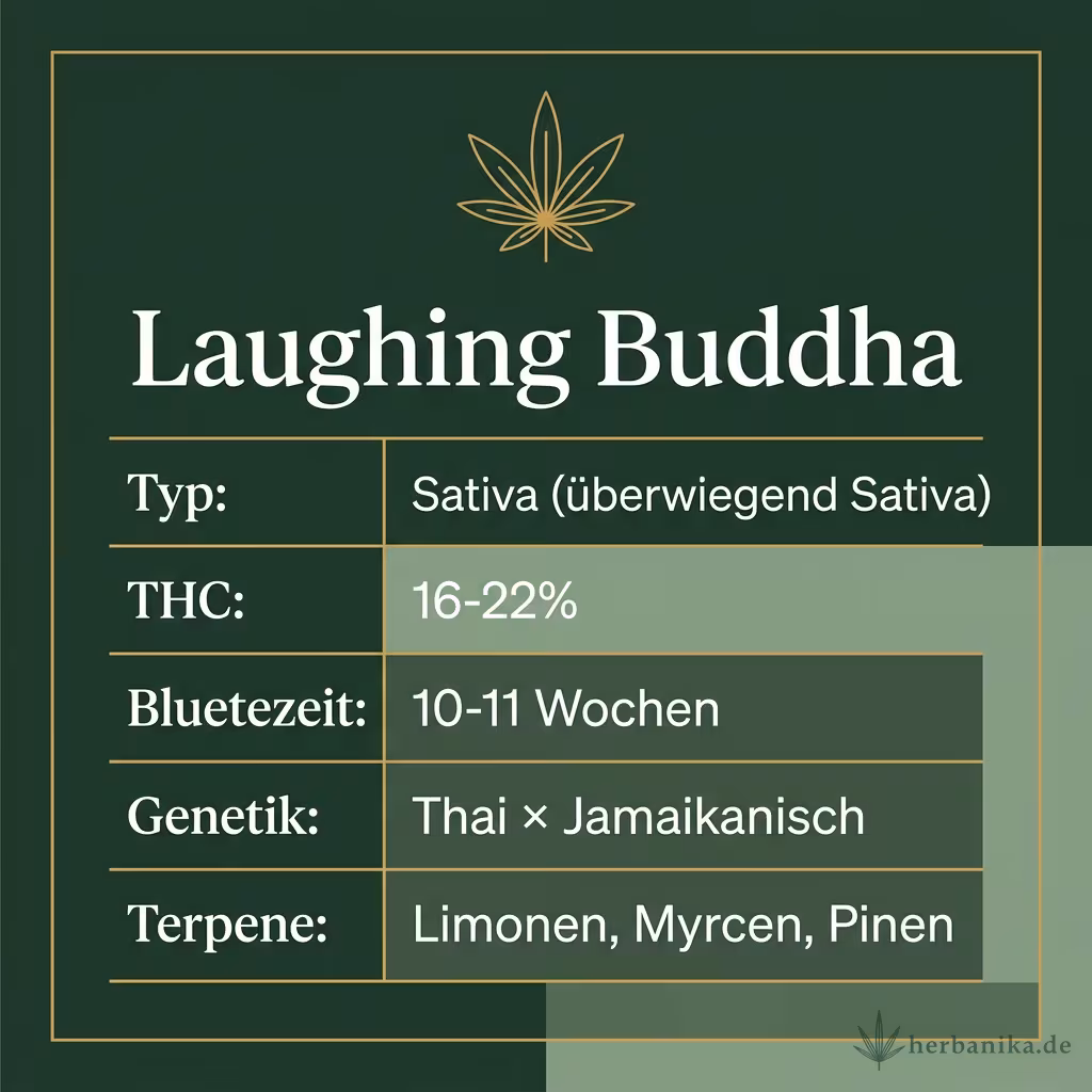 Infografik mit Laughing Buddha Key Facts: Typ Sativa (überwiegend Sativa), THC 16-22%, Bluetezeit 10-11 Wochen, Genetik Thai × Jamaikanisch und Terpene Limonen, Myrcen, Pinen