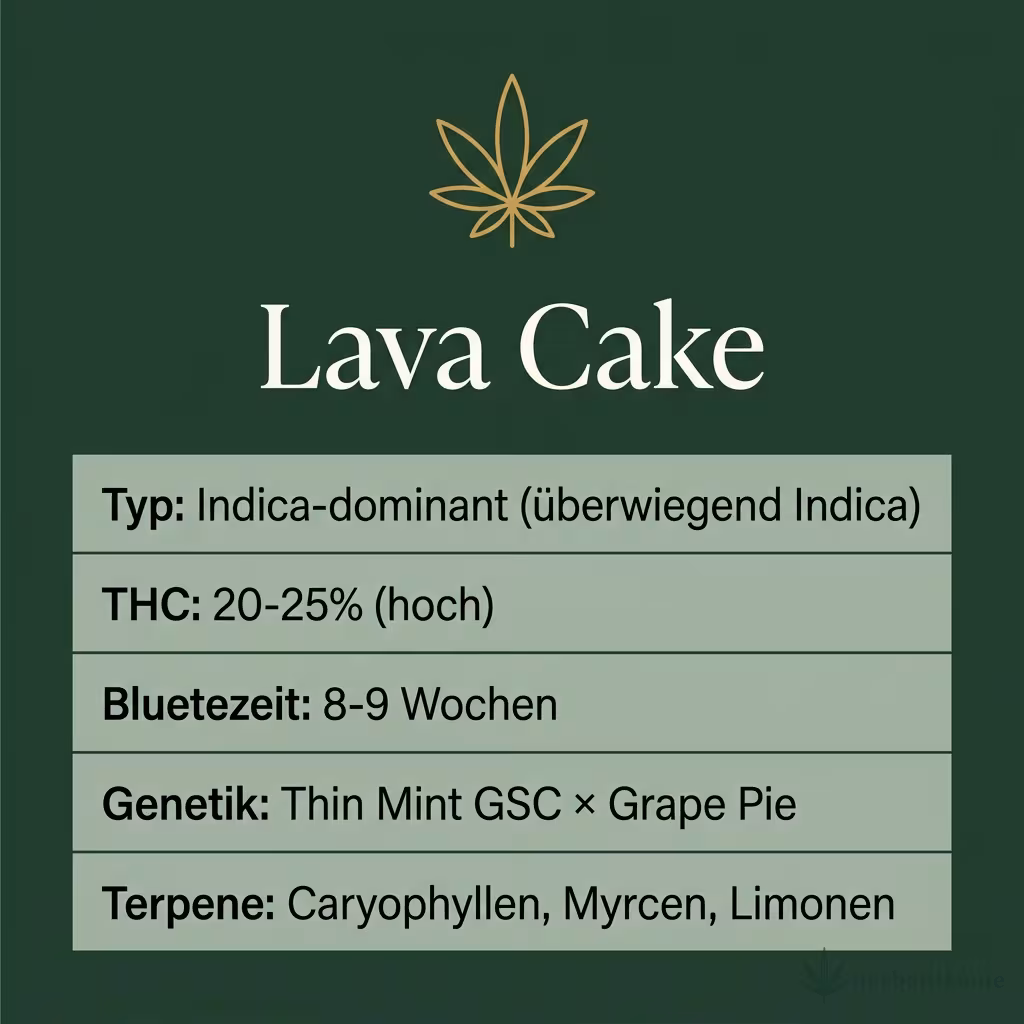 Infografik mit Lava Cake Key Facts: Typ Indica-dominant (überwiegend Indica), THC 20-25% (hoch), Bluetezeit 8-9 Wochen, Genetik Thin Mint GSC × Grape Pie und Terpene Caryophyllen, Myrcen, Limonen