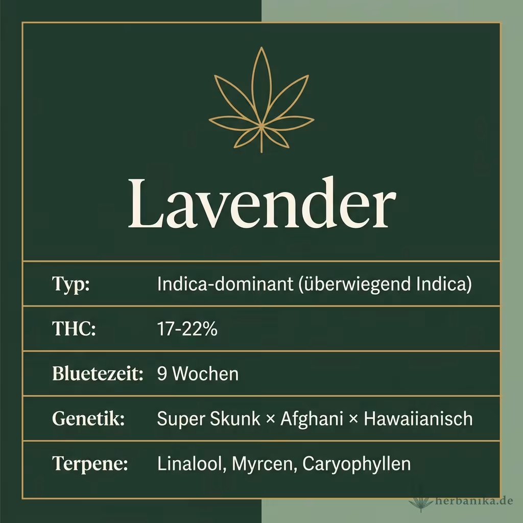 Infografik mit Lavender Key Facts: Typ Indica-dominant (überwiegend Indica), THC 17-22%, Bluetezeit 9 Wochen, Genetik Super Skunk × Afghani × Hawaiianisch und Terpene Linalool, Myrcen, Caryophyllen