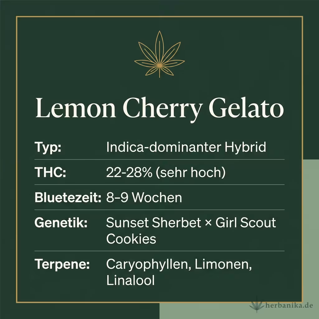 Infografik mit Lemon Cherry Gelato Key Facts: Typ Indica-dominanter Hybrid, THC 22-28% (sehr hoch), Bluetezeit 8-9 Wochen, Genetik Sunset Sherbet × Girl Scout Cookies und Terpene Caryophyllen, Limonen, Linalool