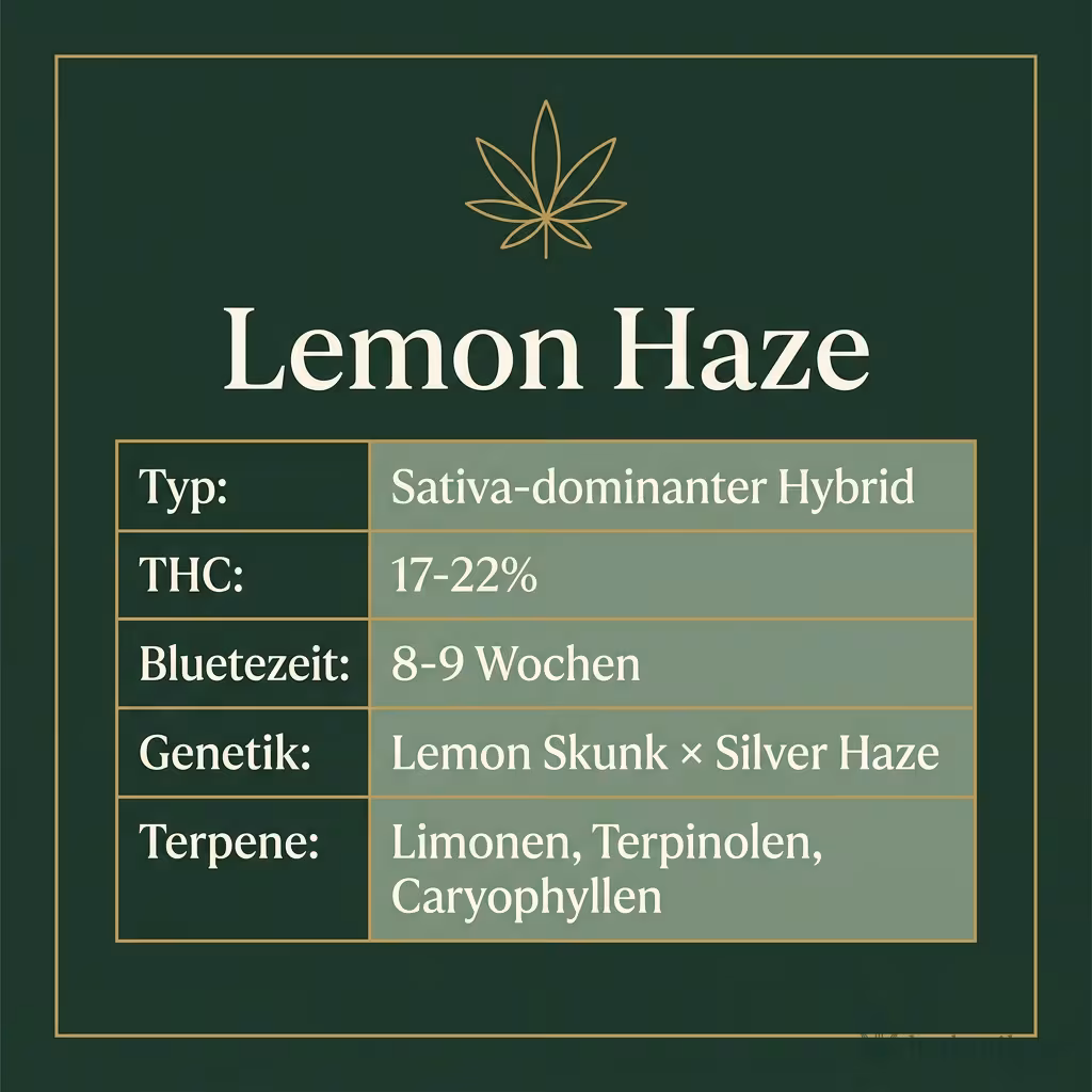 Infografik mit Lemon-Haze Key Facts: Typ Sativa-dominant, THC 17-22%, Bluetezeit 8-9 Wochen, Genetik Lemon Skunk x Silver Haze und Terpene Limonen, Terpinolen, Caryophyllen