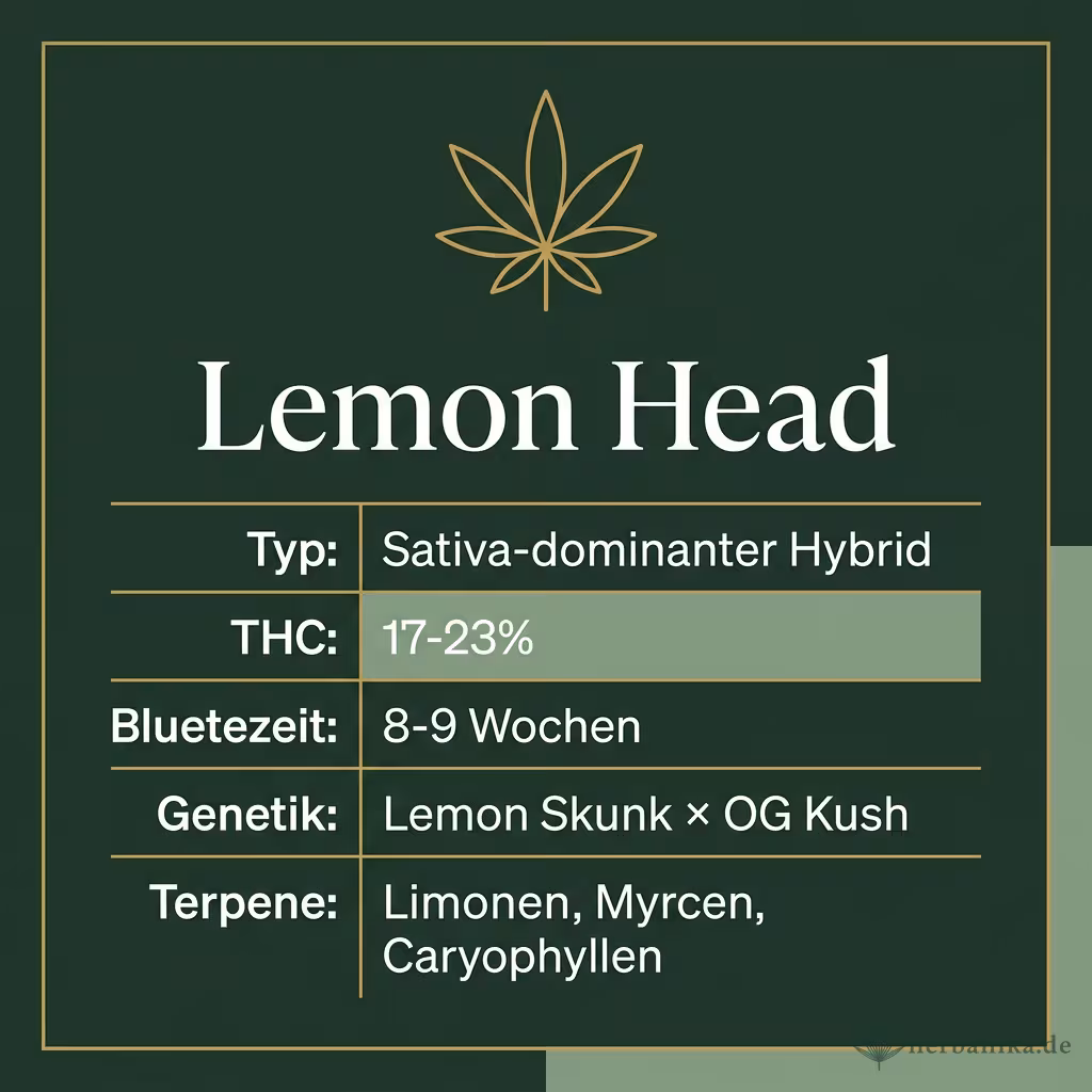 Infografik mit Lemon Head Key Facts: Typ Sativa-dominanter Hybrid, THC 17-23%, Bluetezeit 8-9 Wochen, Genetik Lemon Skunk × OG Kush und Terpene Limonen, Myrcen, Caryophyllen