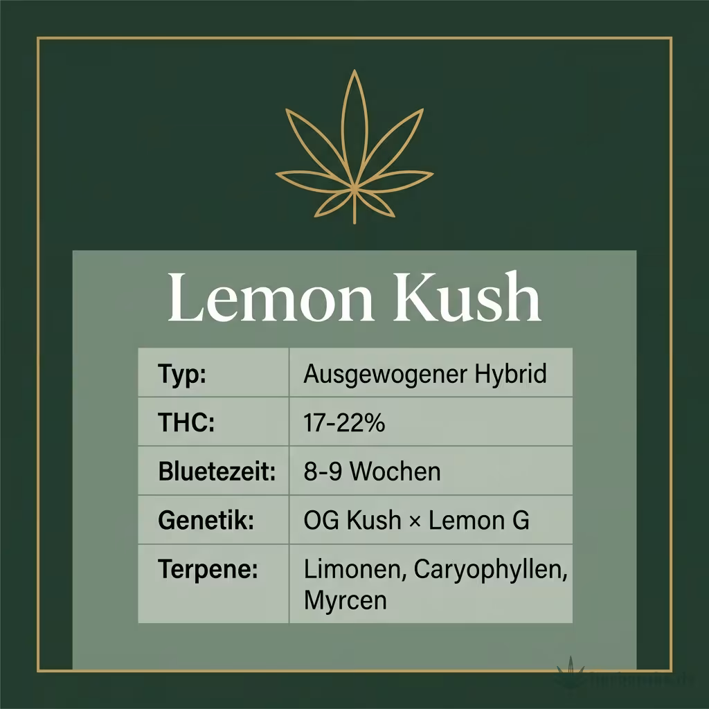 Infografik mit Lemon-Kush Key Facts: Typ ausgewogener Hybrid, THC 17-22%, Bluetezeit 8-9 Wochen, Genetik OG Kush x Lemon G und Terpene Limonen, Caryophyllen, Myrcen