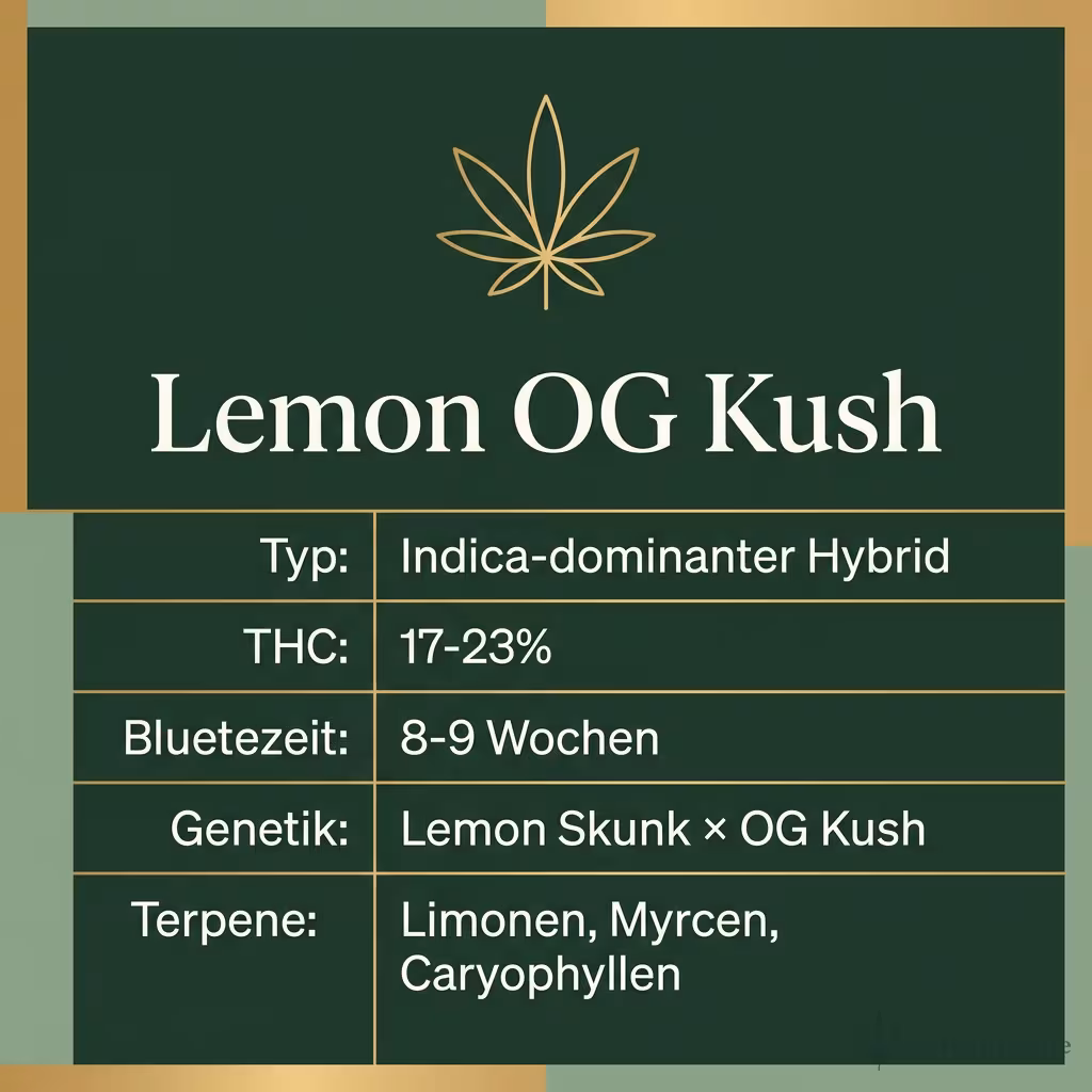 Infografik mit Lemon OG Kush Key Facts: Typ Indica-dominanter Hybrid, THC 17-23%, Bluetezeit 8-9 Wochen, Genetik Lemon Skunk × OG Kush und Terpene Limonen, Myrcen, Caryophyllen