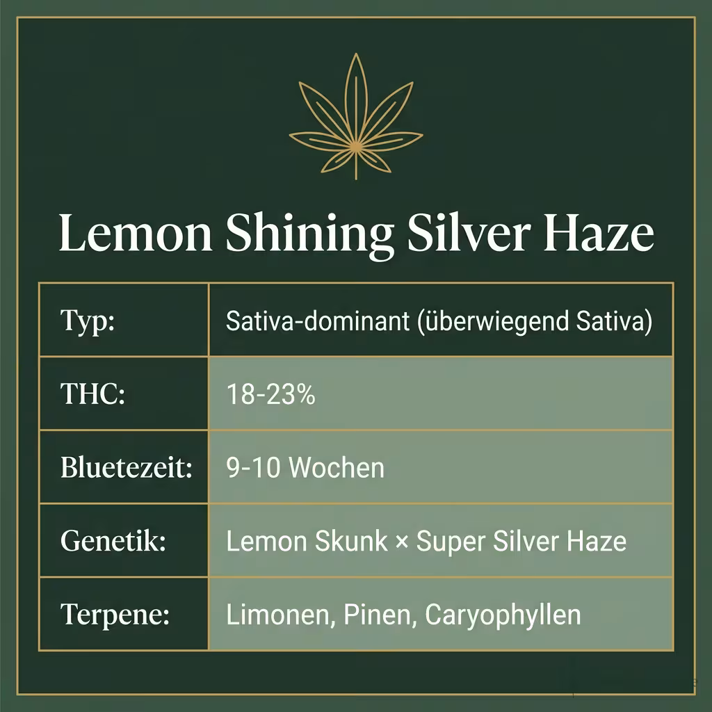 Infografik mit Lemon Shining Silver Haze Key Facts: Typ Sativa-dominant (überwiegend Sativa), THC 18-23%, Bluetezeit 9-10 Wochen, Genetik Lemon Skunk × Super Silver Haze und Terpene Limonen, Pinen, Caryophyllen