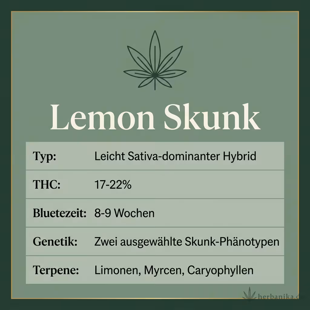 Infografik mit Lemon-Skunk Key Facts: Typ Sativa-dominanter Hybrid, THC 17-22%, Bluetezeit 8-9 Wochen, Genetik zwei Skunk-Phänotypen und Terpene Limonen, Myrcen, Caryophyllen