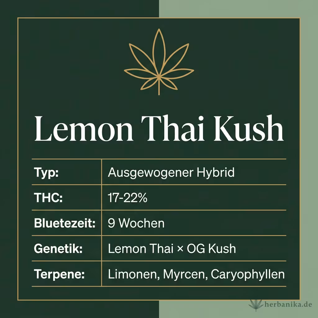 Infografik mit Lemon Thai Kush Key Facts: Typ Ausgewogener Hybrid, THC 17-22%, Bluetezeit 9 Wochen, Genetik Lemon Thai × OG Kush und Terpene Limonen, Myrcen, Caryophyllen