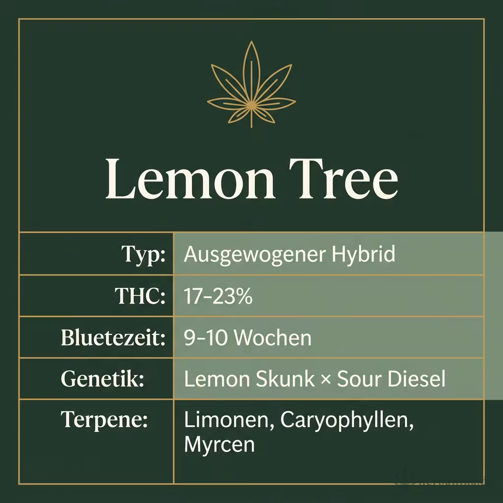 Infografik mit Lemon Tree Key Facts: Typ Ausgewogener Hybrid, THC 17-23%, Bluetezeit 9-10 Wochen, Genetik Lemon Skunk × Sour Diesel und Terpene Limonen, Caryophyllen, Myrcen