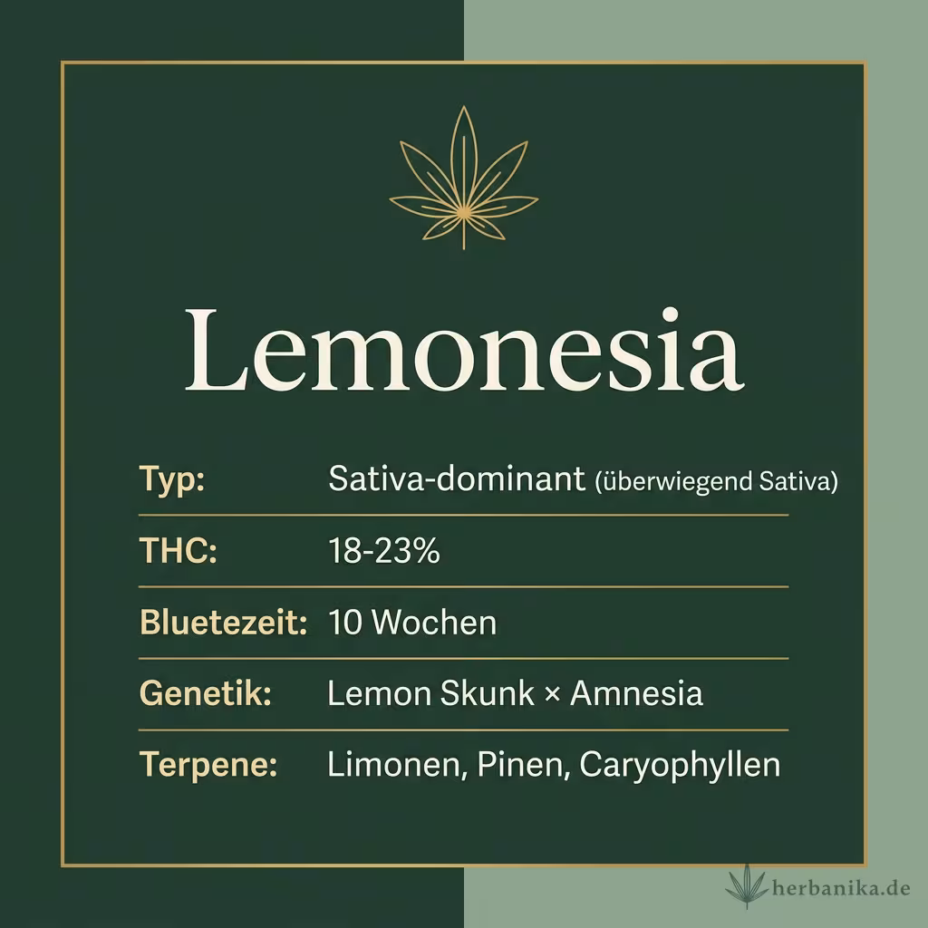 Infografik mit Lemonesia Key Facts: Typ Sativa-dominant (überwiegend Sativa), THC 18-23%, Bluetezeit 10 Wochen, Genetik Lemon Skunk × Amnesia und Terpene Limonen, Pinen, Caryophyllen