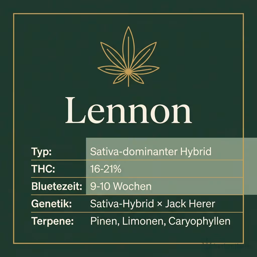 Infografik mit Lennon Key Facts: Typ Sativa-dominanter Hybrid, THC 16-21%, Bluetezeit 9-10 Wochen, Genetik Sativa-Hybrid × Jack Herer und Terpene Pinen, Limonen, Caryophyllen