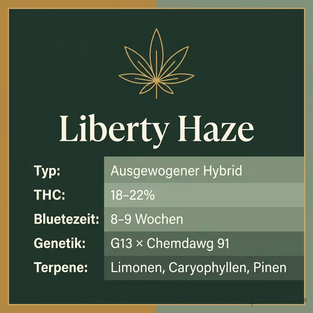 Infografik mit Liberty Haze Key Facts: Typ Ausgewogener Hybrid, THC 18-22%, Bluetezeit 8-9 Wochen, Genetik G13 × Chemdawg 91 und Terpene Limonen, Caryophyllen, Pinen