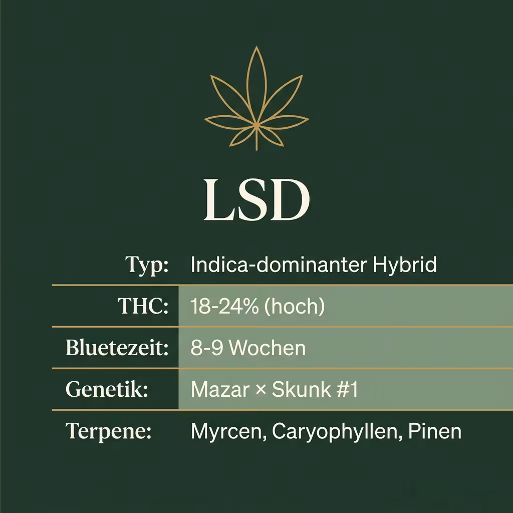 Infografik mit LSD Key Facts: Typ Indica-dominanter Hybrid, THC 18-24% (hoch), Bluetezeit 8-9 Wochen, Genetik Mazar × Skunk #1 und Terpene Myrcen, Caryophyllen, Pinen