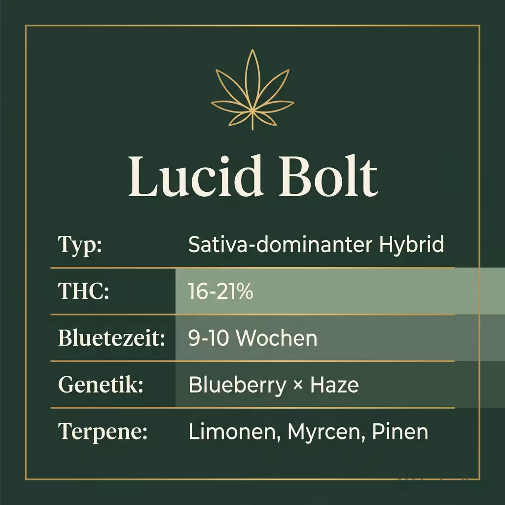 Infografik mit Lucid Bolt Key Facts: Typ Sativa-dominanter Hybrid, THC 16-21%, Bluetezeit 9-10 Wochen, Genetik Blueberry × Haze und Terpene Limonen, Myrcen, Pinen