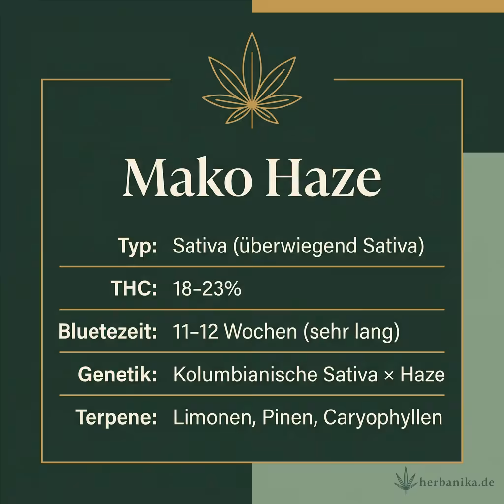 Infografik mit Mako Haze Key Facts: Typ Sativa (überwiegend Sativa), THC 18-23%, Bluetezeit 11-12 Wochen (sehr lang), Genetik Kolumbianische Sativa × Haze und Terpene Limonen, Pinen, Caryophyllen