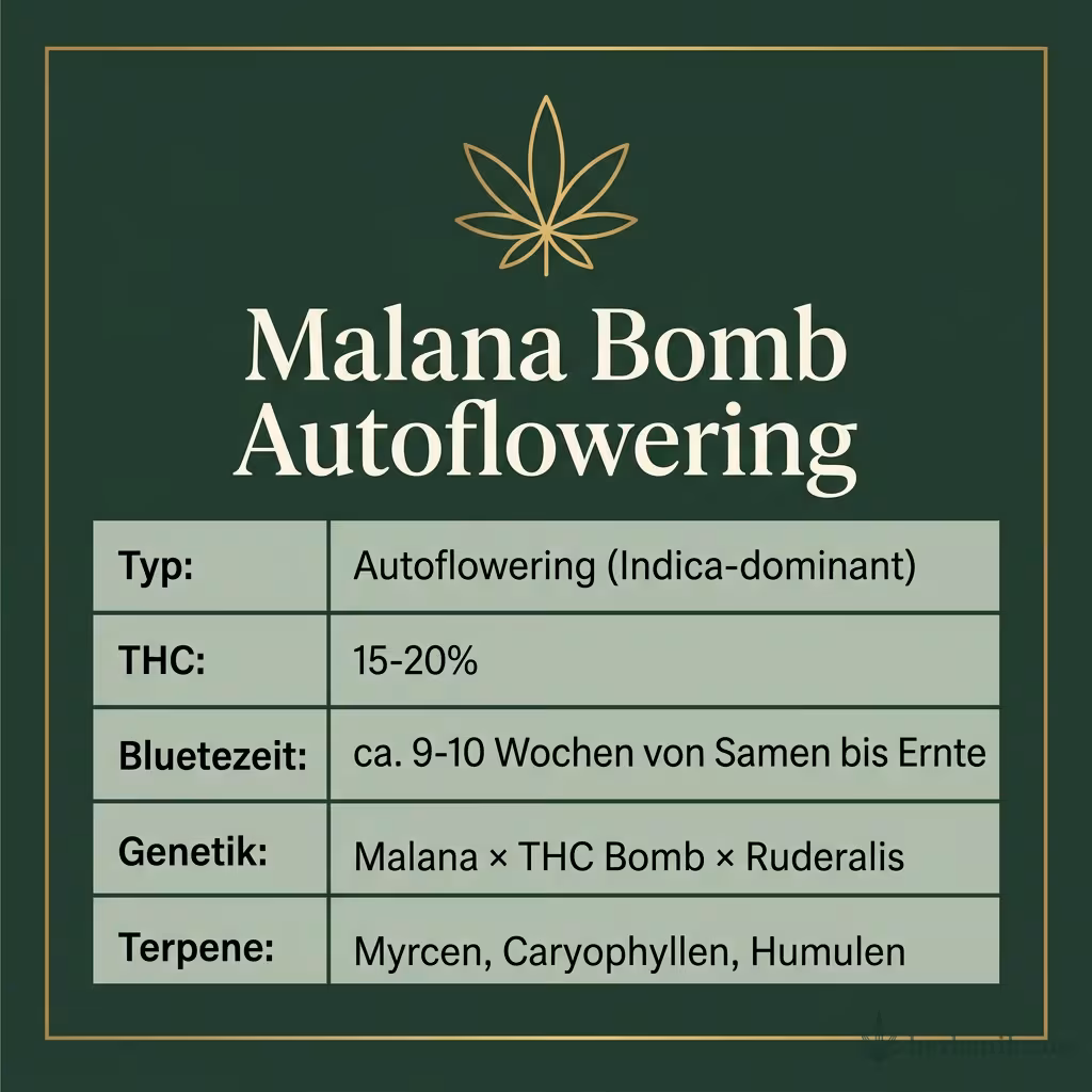 Infografik mit Malana Bomb Autoflowering Key Facts: Typ Autoflowering (Indica-dominant), THC 15-20%, Bluetezeit ca. 9-10 Wochen von Samen bis Ernte, Genetik Malana × THC Bomb × Ruderalis und Terpene Myrcen, Caryophyllen, Humulen