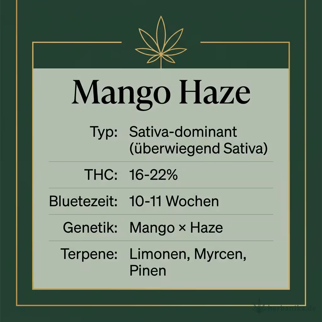 Infografik mit Mango Haze Key Facts: Typ Sativa-dominant (überwiegend Sativa), THC 16-22%, Bluetezeit 10-11 Wochen, Genetik Mango × Haze und Terpene Limonen, Myrcen, Pinen