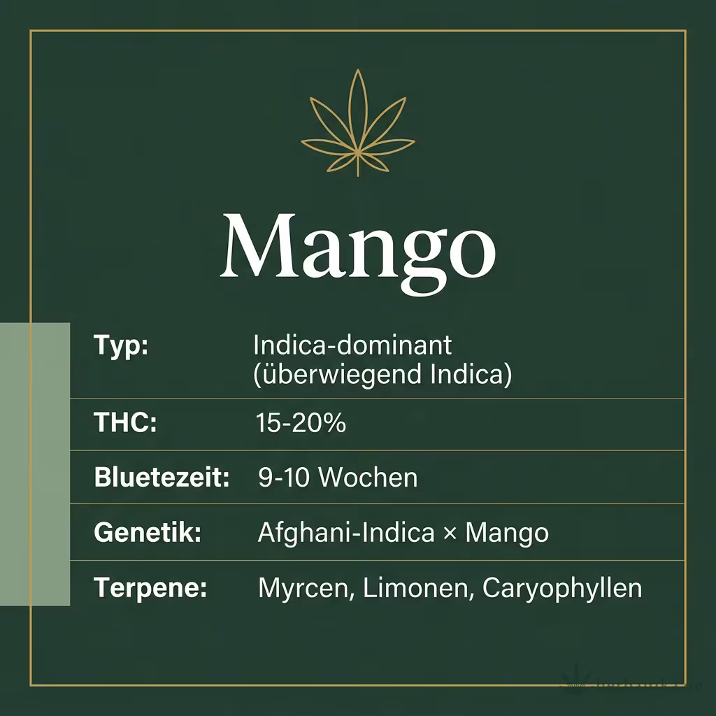 Infografik mit Mango Key Facts: Typ Indica-dominant, THC 15-20%, Bluetezeit 9-10 Wochen, Genetik Afghani x Mango und Terpene Myrcen, Limonen, Caryophyllen