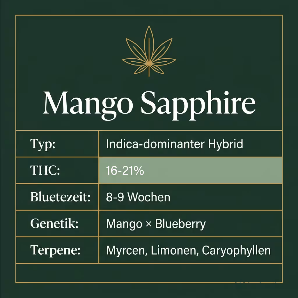 Infografik mit Mango Sapphire Key Facts: Typ Indica-dominanter Hybrid, THC 16-21%, Bluetezeit 8-9 Wochen, Genetik Mango × Blueberry und Terpene Myrcen, Limonen, Caryophyllen