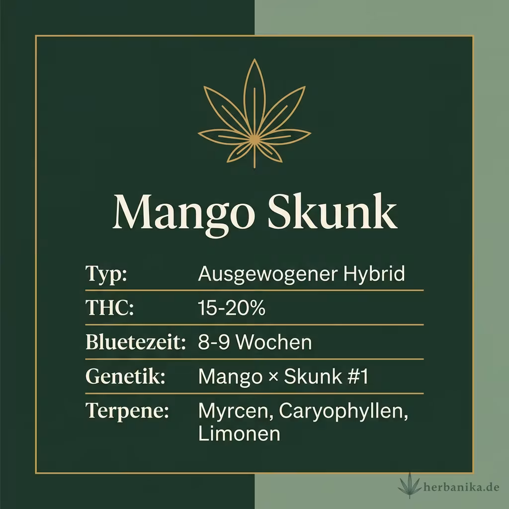 Infografik mit Mango Skunk Key Facts: Typ Ausgewogener Hybrid, THC 15-20%, Bluetezeit 8-9 Wochen, Genetik Mango × Skunk #1 und Terpene Myrcen, Caryophyllen, Limonen