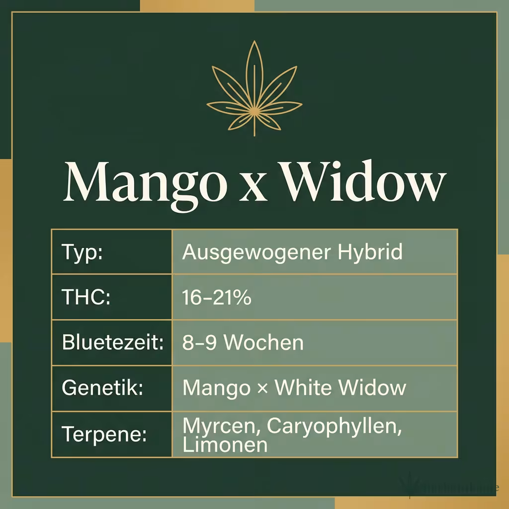 Infografik mit Mango x Widow Key Facts: Typ Ausgewogener Hybrid, THC 16-21%, Bluetezeit 8-9 Wochen, Genetik Mango × White Widow und Terpene Myrcen, Caryophyllen, Limonen
