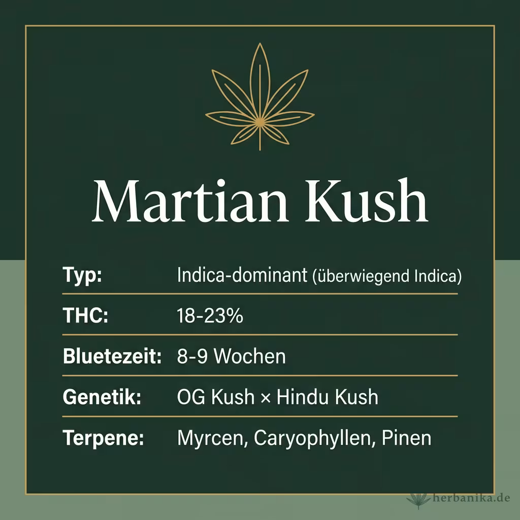 Infografik mit Martian Kush Key Facts: Typ Indica-dominant (überwiegend Indica), THC 18-23%, Bluetezeit 8-9 Wochen, Genetik OG Kush × Hindu Kush und Terpene Myrcen, Caryophyllen, Pinen