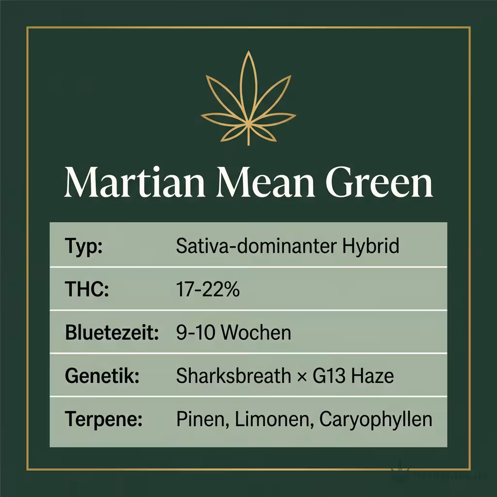 Infografik mit Martian Mean Green Key Facts: Typ Sativa-dominanter Hybrid, THC 17-22%, Bluetezeit 9-10 Wochen, Genetik Sharksbreath × G13 Haze und Terpene Pinen, Limonen, Caryophyllen