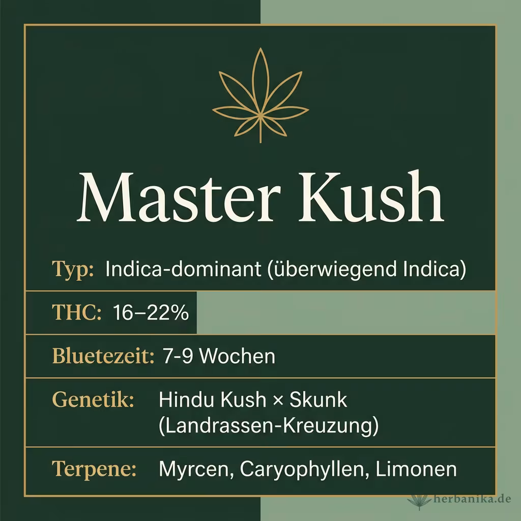 Infografik mit Master-Kush Key Facts: Typ Indica-dominant, THC 16-22%, Bluetezeit 7-9 Wochen, Genetik Hindu Kush x Skunk und Terpene Myrcen, Caryophyllen, Limonen