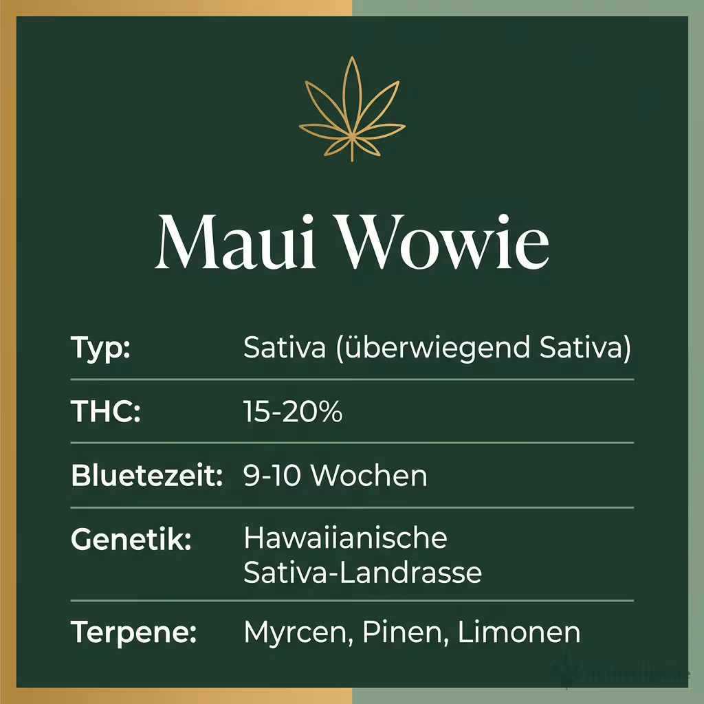 Infografik mit Maui-Wowie Key Facts: Typ Sativa, THC 15-20%, Bluetezeit 9-10 Wochen, Genetik hawaiianische Sativa-Landrasse und Terpene Myrcen, Pinen, Limonen