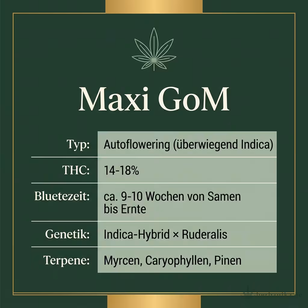 Infografik mit Maxi GoM Key Facts: Typ Autoflowering (überwiegend Indica), THC 14-18%, Bluetezeit ca. 9-10 Wochen von Samen bis Ernte, Genetik Indica-Hybrid × Ruderalis und Terpene Myrcen, Caryophyllen, Pinen