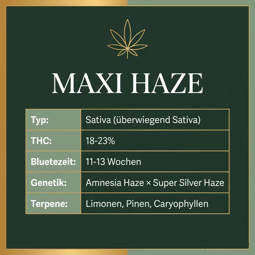 Infografik mit Maxi Haze Key Facts: Typ Sativa (überwiegend Sativa), THC 18-23%, Bluetezeit 11-13 Wochen, Genetik Amnesia Haze × Super Silver Haze und Terpene Limonen, Pinen, Caryophyllen