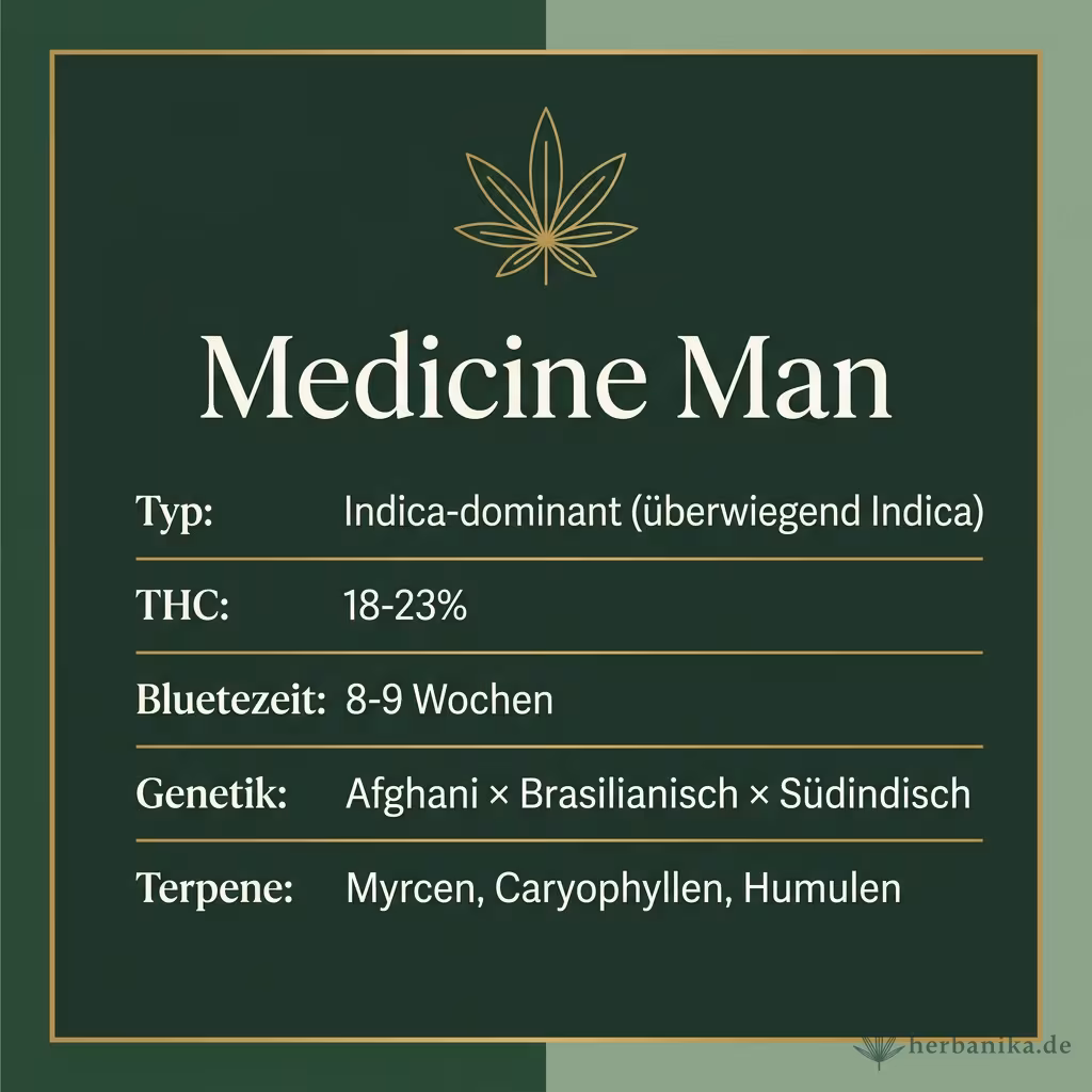 Infografik mit Medicine Man Key Facts: Typ Indica-dominant (überwiegend Indica), THC 18-23%, Bluetezeit 8-9 Wochen, Genetik Afghani × Brasilianisch × Südindisch und Terpene Myrcen, Caryophyllen, Humulen