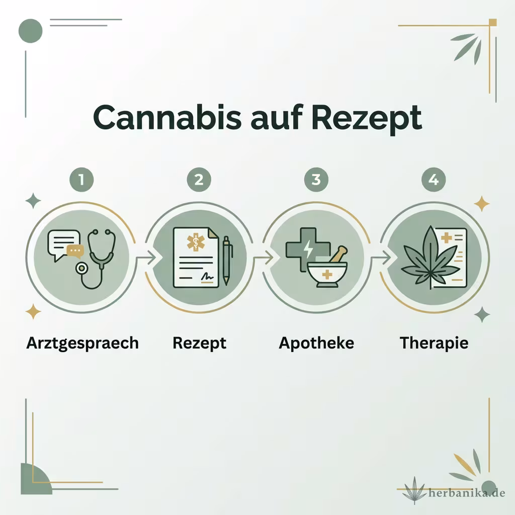 Infografik mit vier Schritten: Arztgespräch, Rezept, Apotheke und Therapie