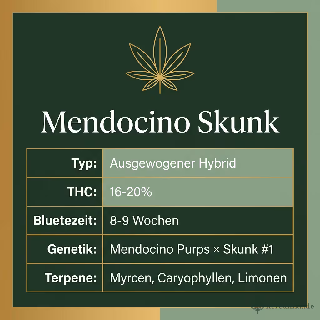 Infografik mit Mendocino Skunk Key Facts: Typ Ausgewogener Hybrid, THC 16-20%, Bluetezeit 8-9 Wochen, Genetik Mendocino Purps × Skunk #1 und Terpene Myrcen, Caryophyllen, Limonen