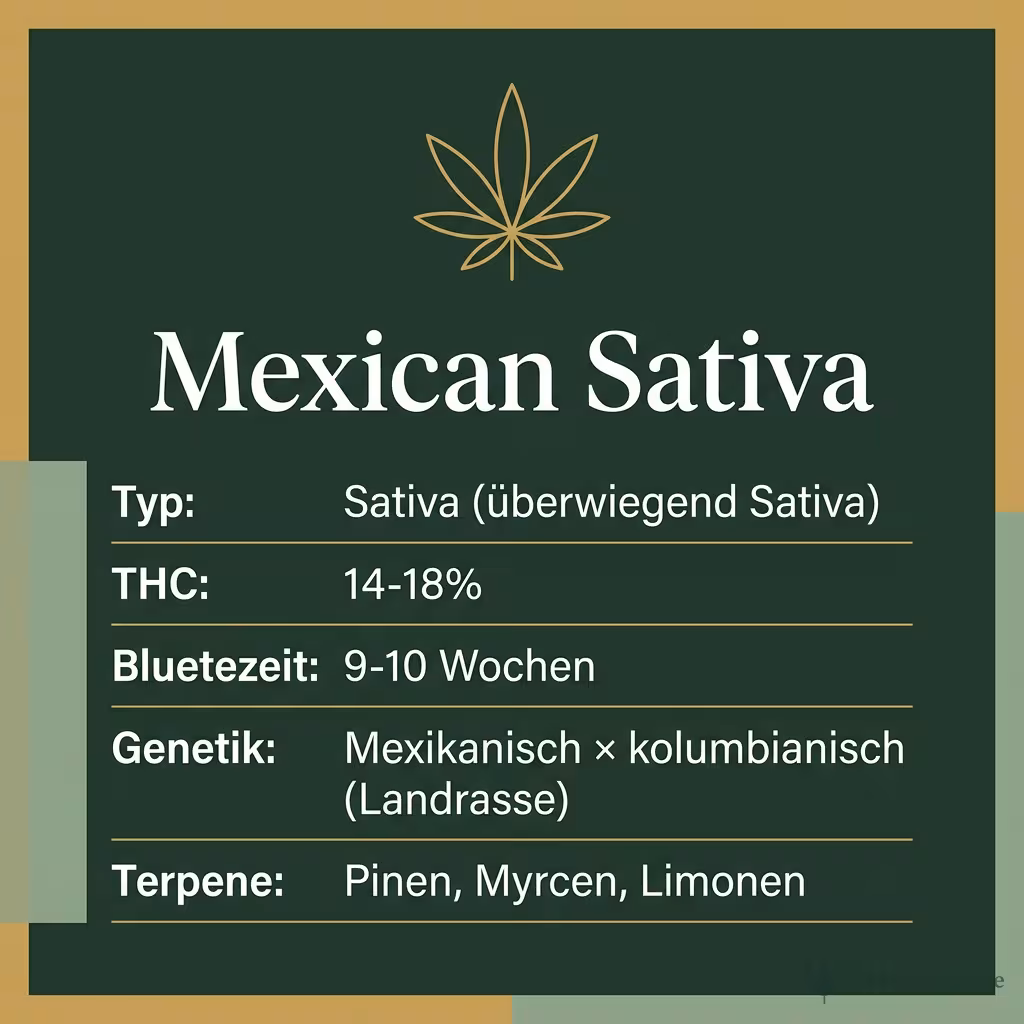 Infografik mit Mexican Sativa Key Facts: Typ Sativa (überwiegend Sativa), THC 14-18%, Bluetezeit 9-10 Wochen, Genetik Mexikanisch × kolumbianisch (Landrasse) und Terpene Pinen, Myrcen, Limonen