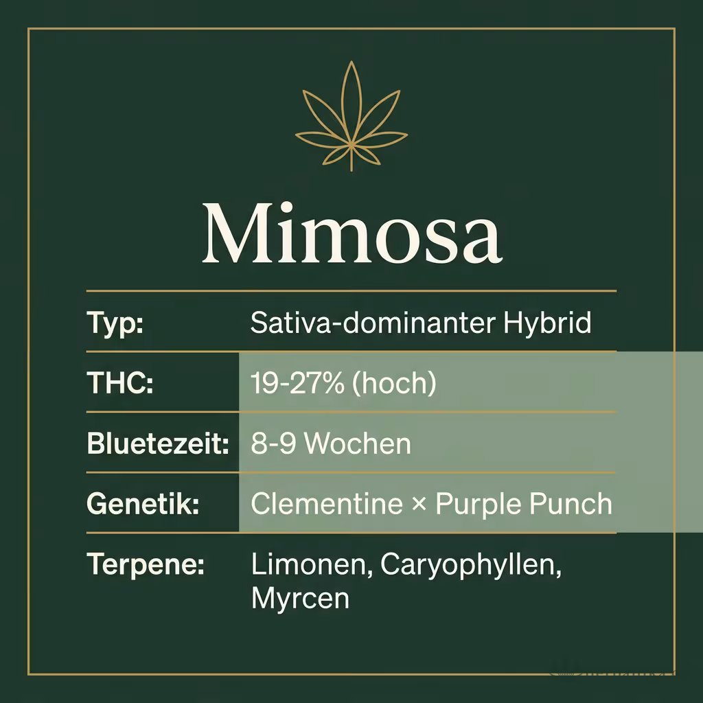 Infografik mit Mimosa Key Facts: Typ Sativa-dominant, THC 19-27%, Bluetezeit 8-9 Wochen, Genetik Clementine x Purple Punch und Terpene Limonen, Caryophyllen, Myrcen