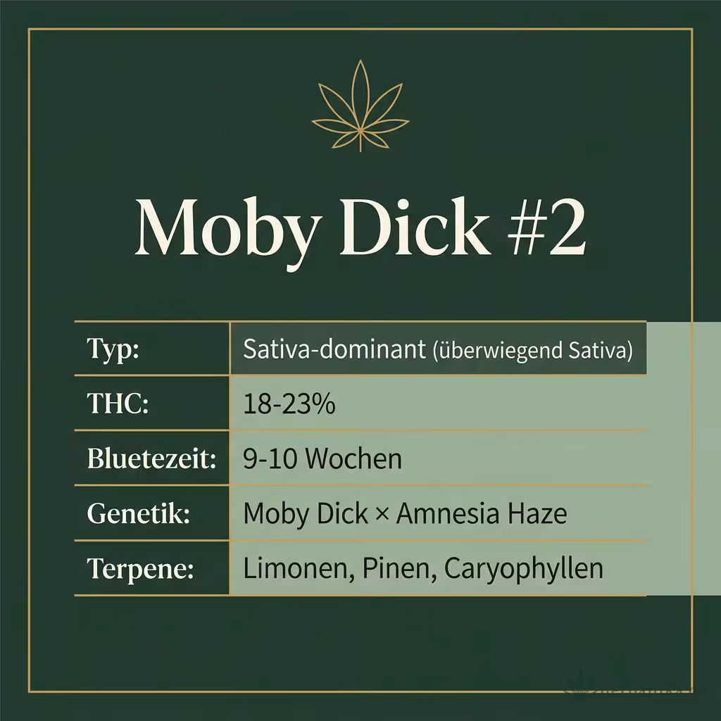 Infografik mit Moby Dick #2 Key Facts: Typ Sativa-dominant (überwiegend Sativa), THC 18-23%, Bluetezeit 9-10 Wochen, Genetik Moby Dick × Amnesia Haze und Terpene Limonen, Pinen, Caryophyllen