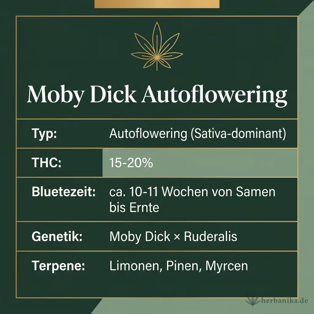 Infografik mit Moby Dick Autoflowering Key Facts: Typ Autoflowering (Sativa-dominant), THC 15-20%, Bluetezeit ca. 10-11 Wochen von Samen bis Ernte, Genetik Moby Dick × Ruderalis und Terpene Limonen, Pinen, Myrcen