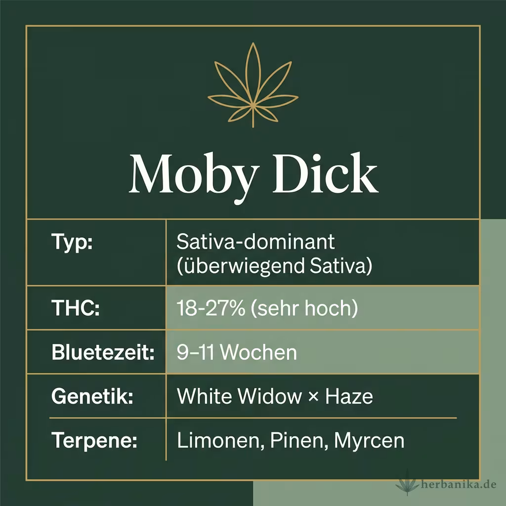 Infografik mit Moby Dick Key Facts: Typ Sativa-dominant (überwiegend Sativa), THC 18-27% (sehr hoch), Bluetezeit 9-11 Wochen, Genetik White Widow × Haze und Terpene Limonen, Pinen, Myrcen