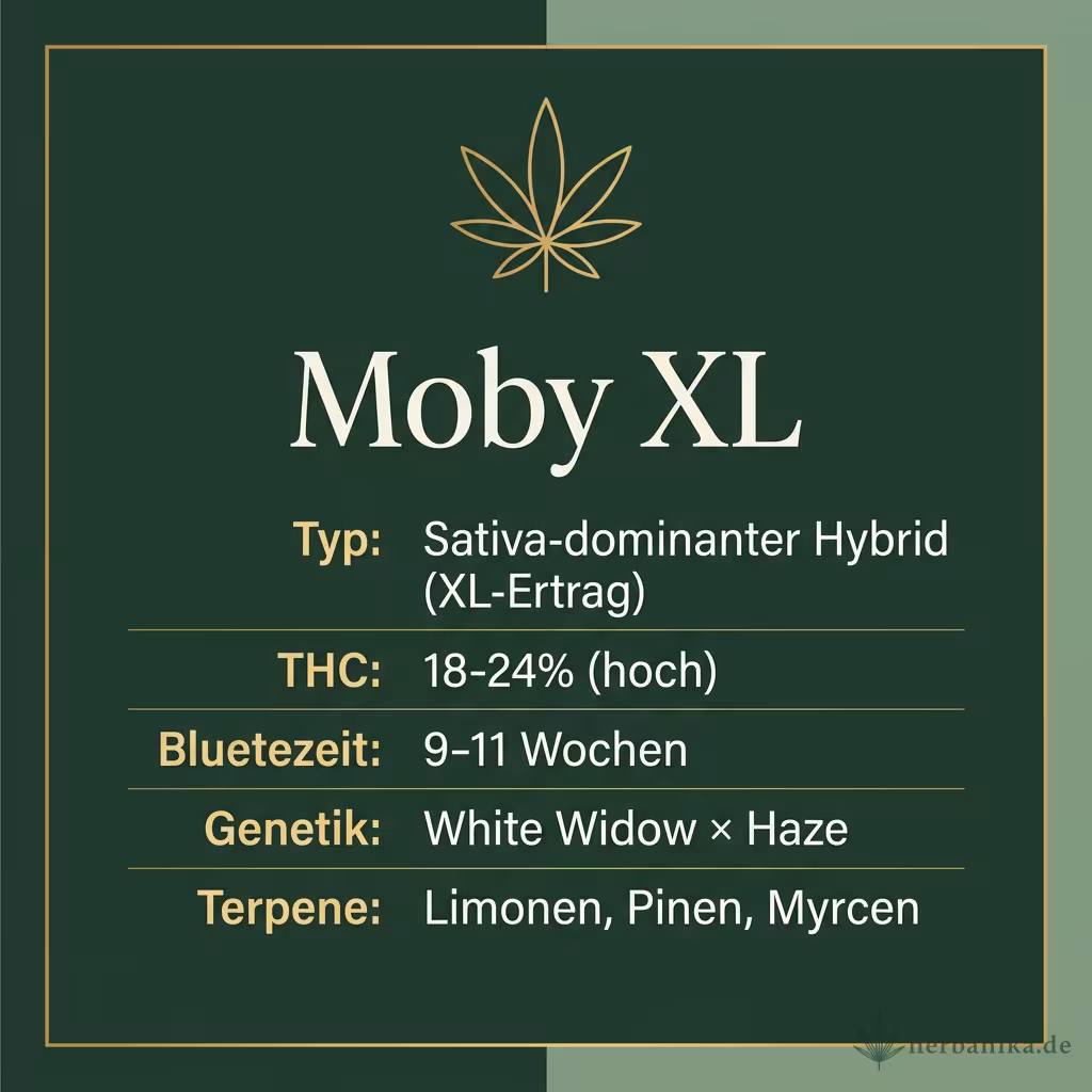 Infografik mit Moby XL Key Facts: Typ Sativa-dominanter Hybrid (XL-Ertrag), THC 18-24% (hoch), Bluetezeit 9-11 Wochen, Genetik White Widow × Haze und Terpene Limonen, Pinen, Myrcen
