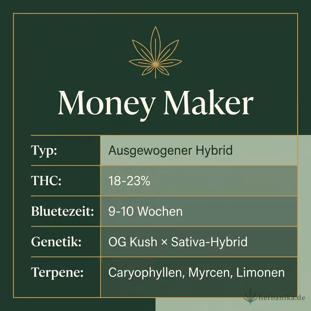 Infografik mit Money Maker Key Facts: Typ Ausgewogener Hybrid, THC 18-23%, Bluetezeit 9-10 Wochen, Genetik OG Kush × Sativa-Hybrid und Terpene Caryophyllen, Myrcen, Limonen