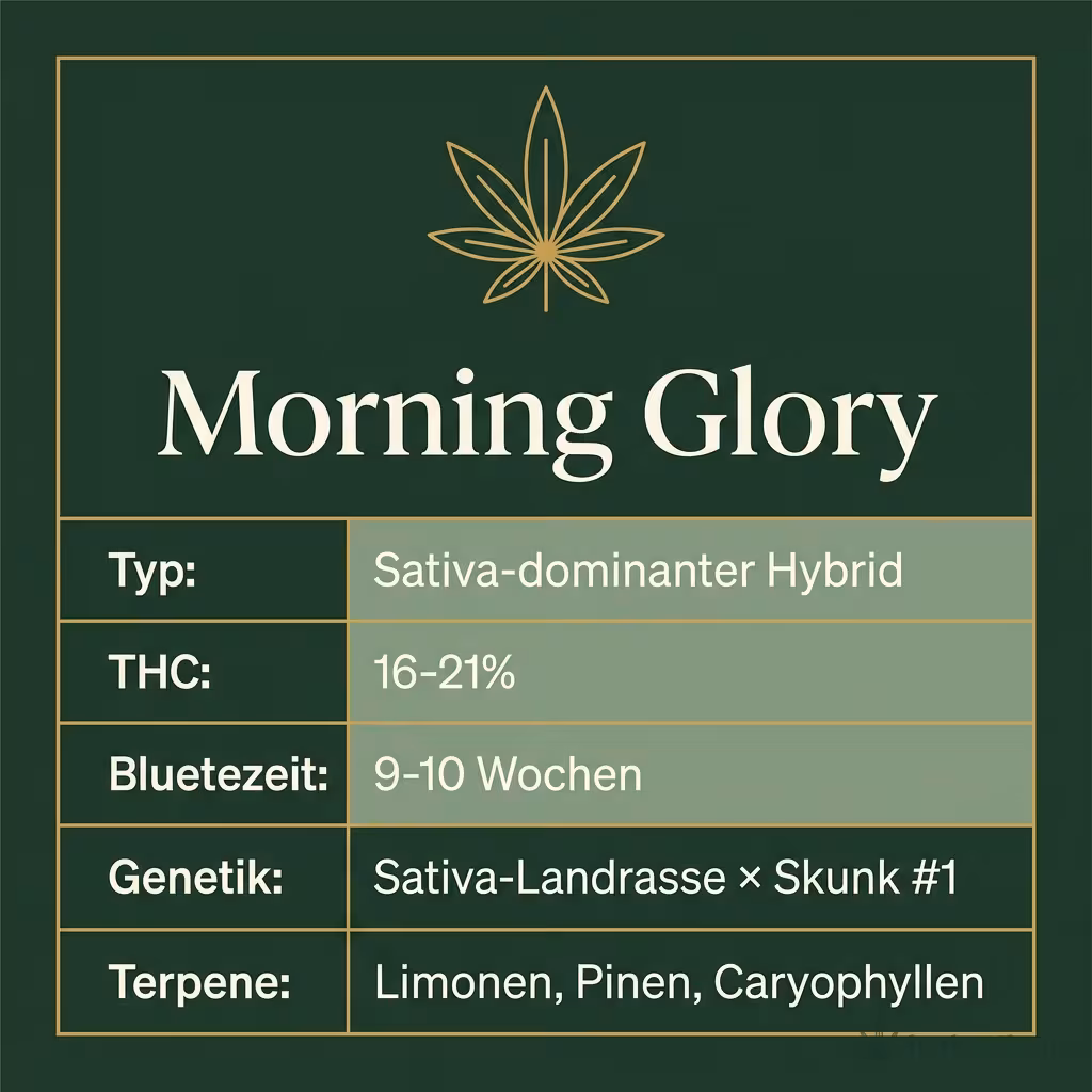 Infografik mit Morning Glory Key Facts: Typ Sativa-dominanter Hybrid, THC 16-21%, Bluetezeit 9-10 Wochen, Genetik Sativa-Landrasse × Skunk #1 und Terpene Limonen, Pinen, Caryophyllen