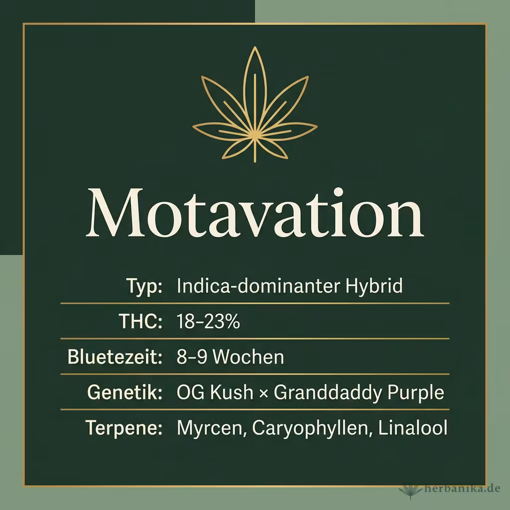 Infografik mit Motavation Key Facts: Typ Indica-dominanter Hybrid, THC 18-23%, Bluetezeit 8-9 Wochen, Genetik OG Kush × Granddaddy Purple und Terpene Myrcen, Caryophyllen, Linalool