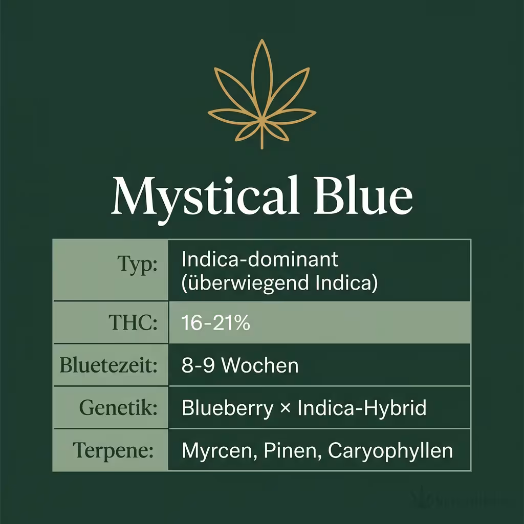 Infografik mit Mystical Blue Key Facts: Typ Indica-dominant (überwiegend Indica), THC 16-21%, Bluetezeit 8-9 Wochen, Genetik Blueberry × Indica-Hybrid und Terpene Myrcen, Pinen, Caryophyllen