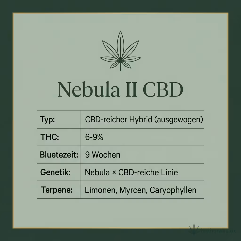 Infografik mit Nebula II CBD Key Facts: Typ CBD-reicher Hybrid (ausgewogen), THC 6-9%, Bluetezeit 9 Wochen, Genetik Nebula × CBD-reiche Linie und Terpene Limonen, Myrcen, Caryophyllen