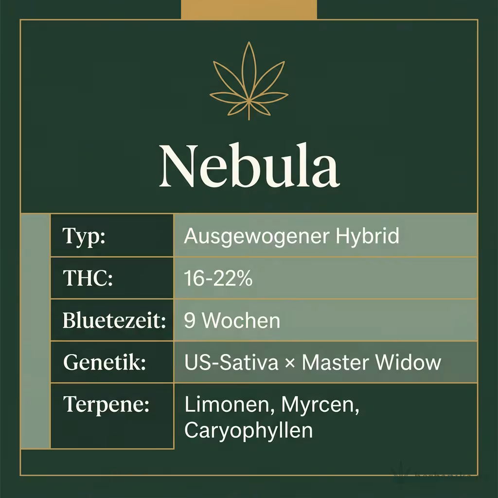 Infografik mit Nebula Key Facts: Typ Ausgewogener Hybrid, THC 16-22%, Bluetezeit 9 Wochen, Genetik US-Sativa × Master Widow und Terpene Limonen, Myrcen, Caryophyllen