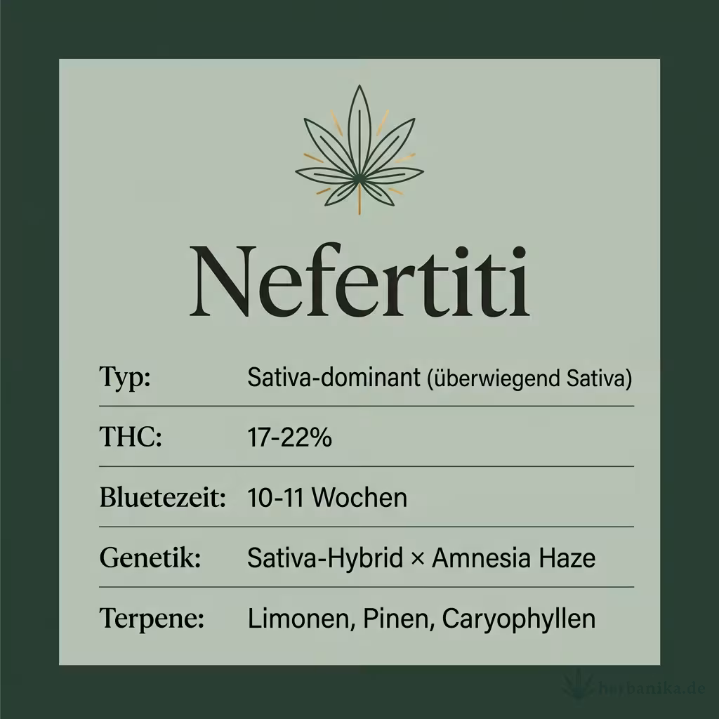 Infografik mit Nefertiti Key Facts: Typ Sativa-dominant (überwiegend Sativa), THC 17-22%, Bluetezeit 10-11 Wochen, Genetik Sativa-Hybrid × Amnesia Haze und Terpene Limonen, Pinen, Caryophyllen