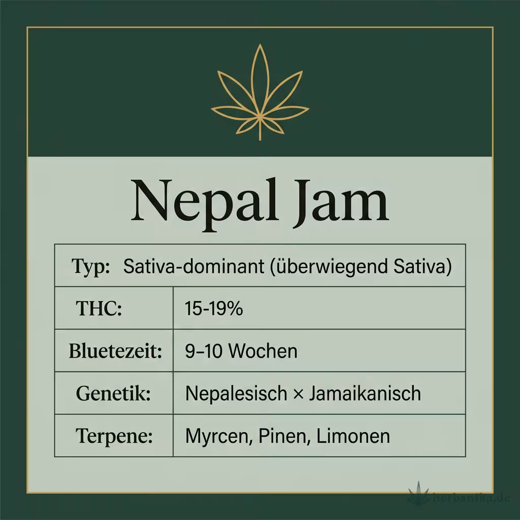 Infografik mit Nepal Jam Key Facts: Typ Sativa-dominant (überwiegend Sativa), THC 15-19%, Bluetezeit 9-10 Wochen, Genetik Nepalesisch × Jamaikanisch und Terpene Myrcen, Pinen, Limonen