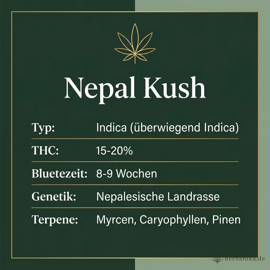 Infografik mit Nepal Kush Key Facts: Typ Indica (überwiegend Indica), THC 15-20%, Bluetezeit 8-9 Wochen, Genetik Nepalesische Landrasse und Terpene Myrcen, Caryophyllen, Pinen
